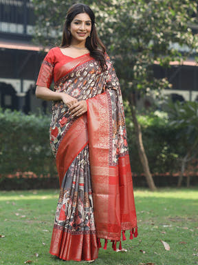 Grey Ajrak Block & Hand Kalamkari Print Pure Viscose Saree