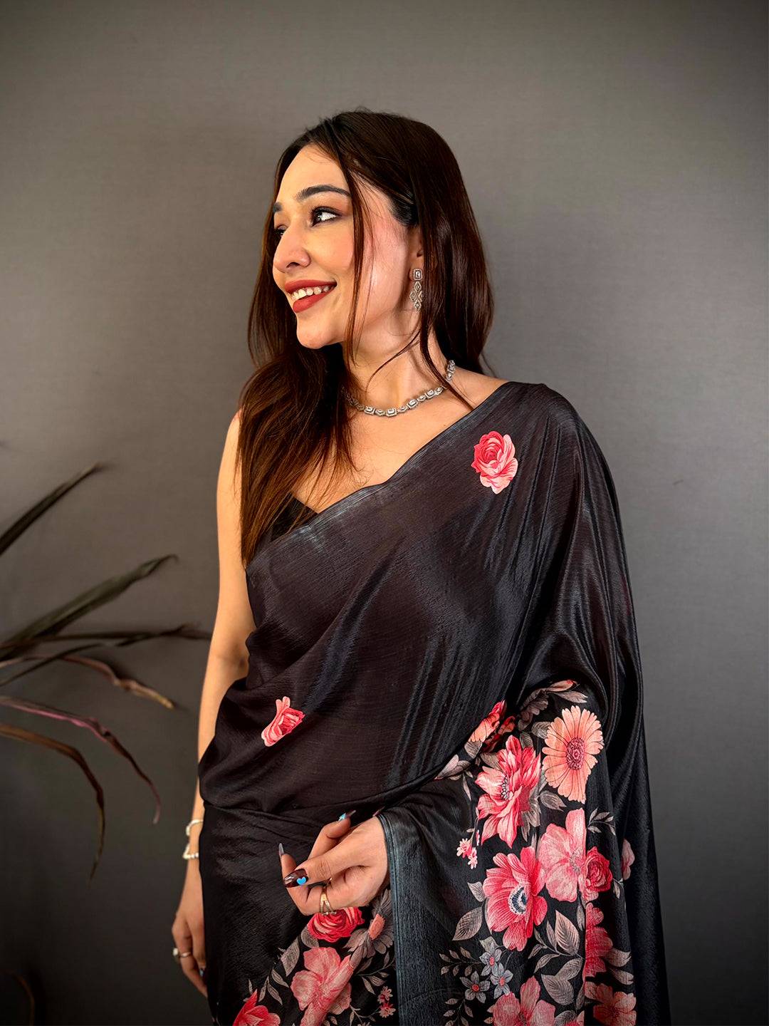 Black Floral Print Soft Chinnon Saree