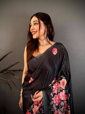 Black Floral Print Soft Chinnon Saree