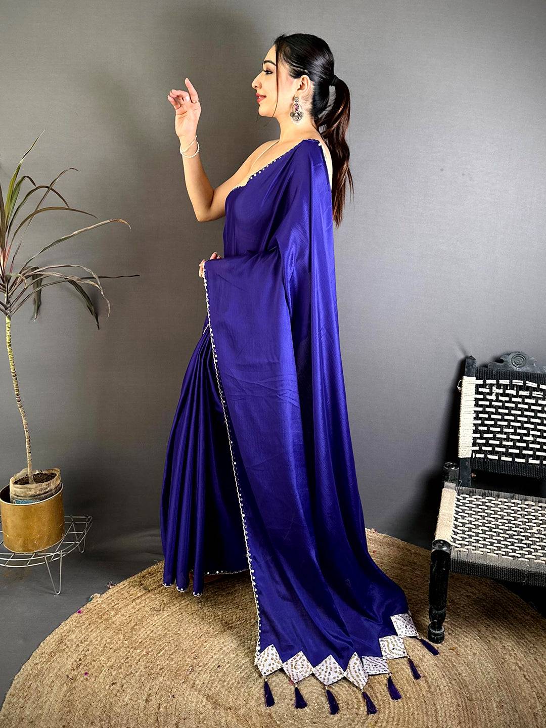 Blue Vichitra Real Mirror Work Tassel Saree