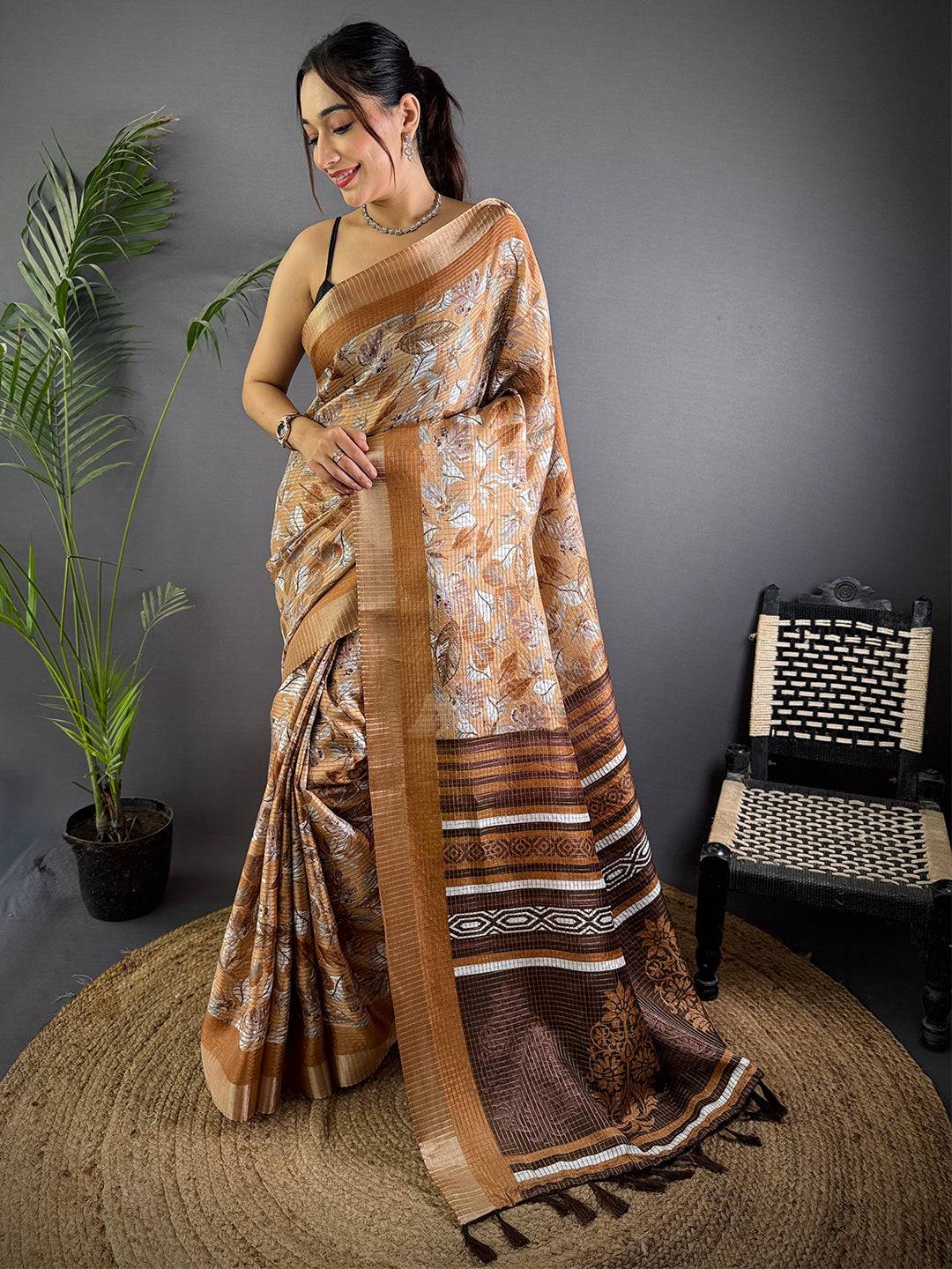 Camel Brown Tussar Chex Floral Print Saree

