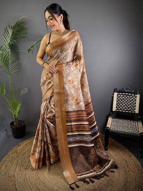 Camel Brown Tussar Chex Floral Print Saree


