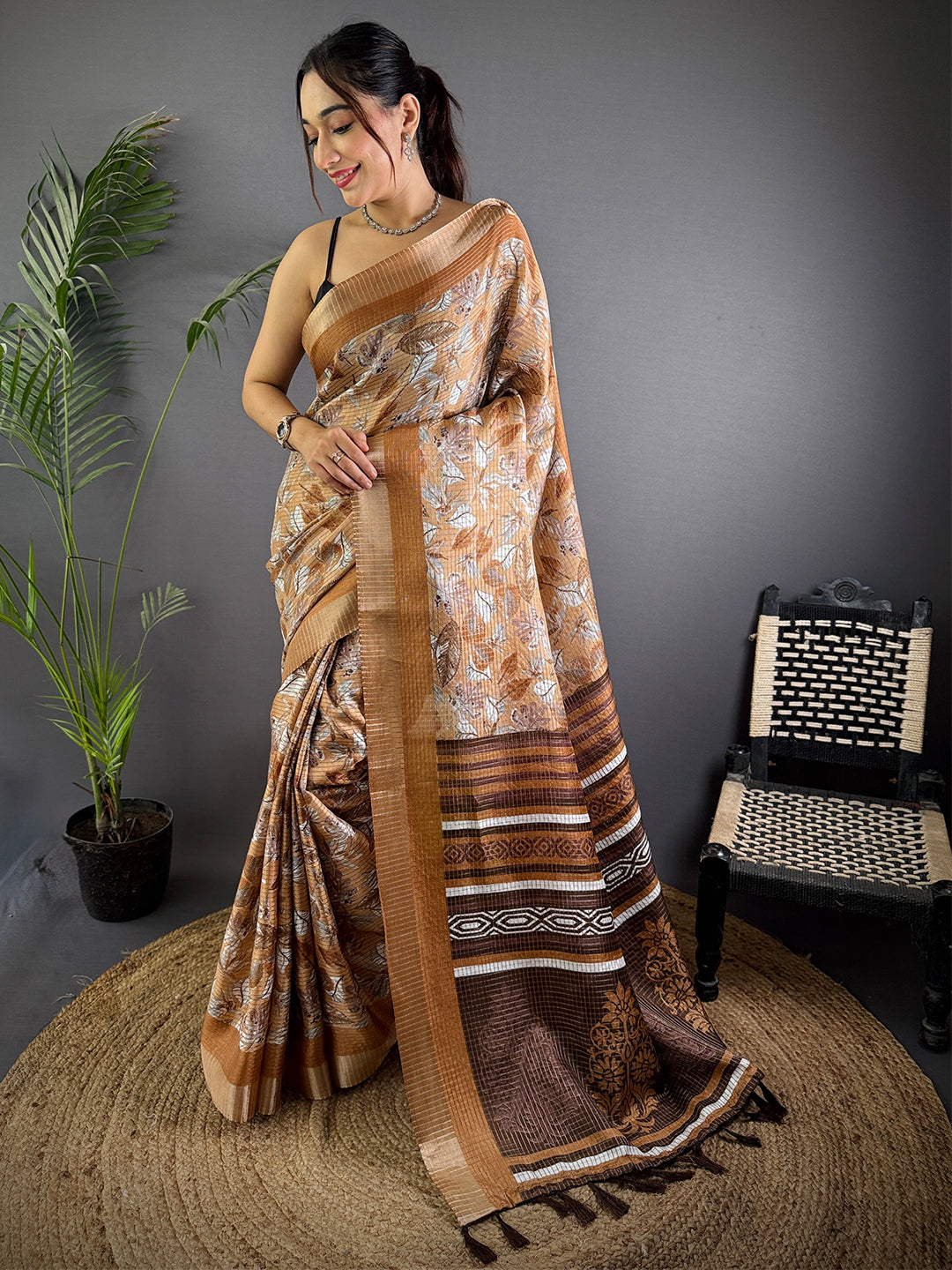 Camel Brown Tussar Chex Floral Print Saree
