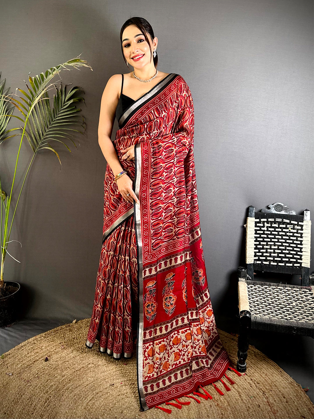 Red Ikkat Ajrakh Print Viscose Saree