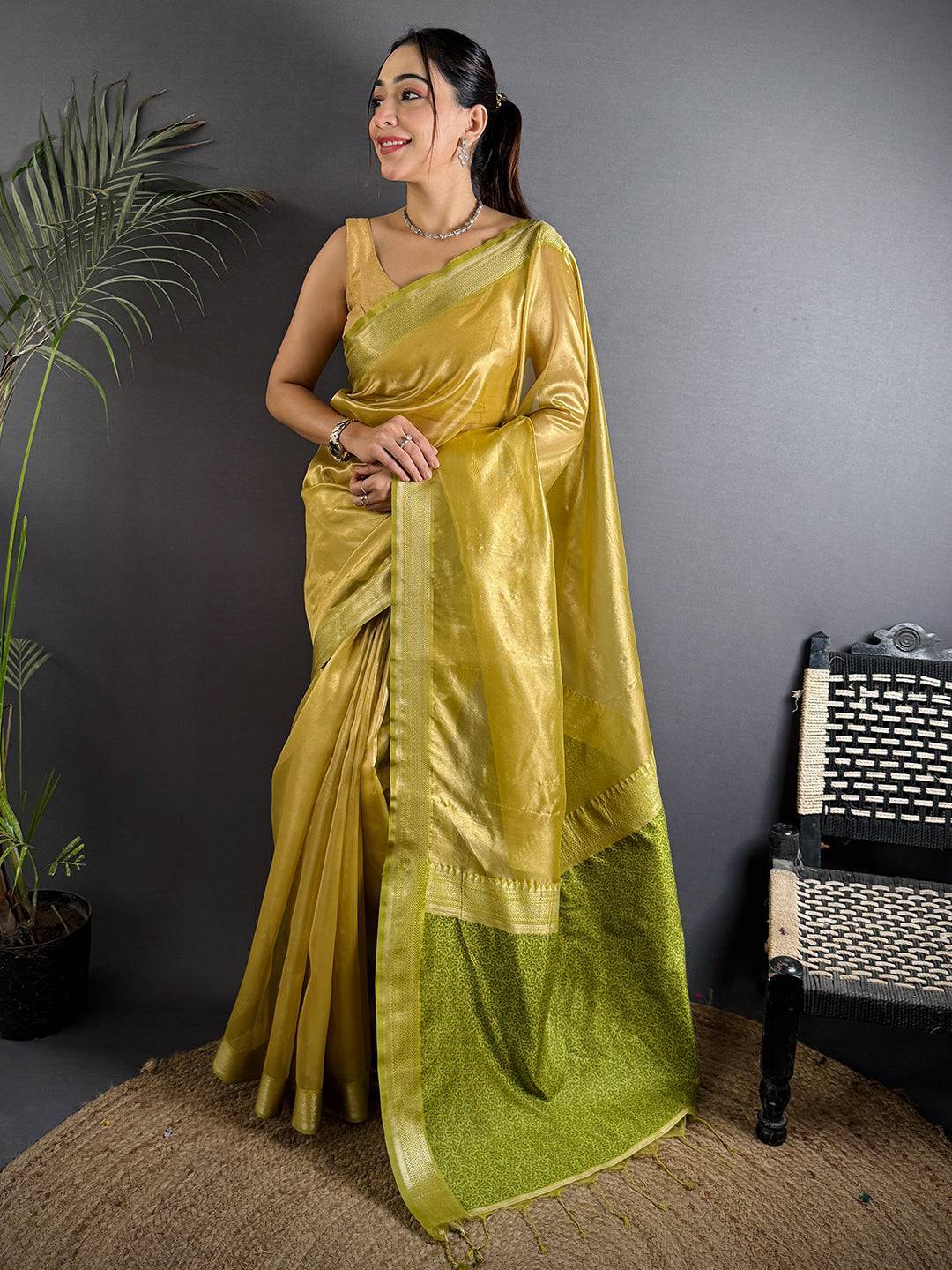 Radiant Green Gold Zari Tissue Saree

