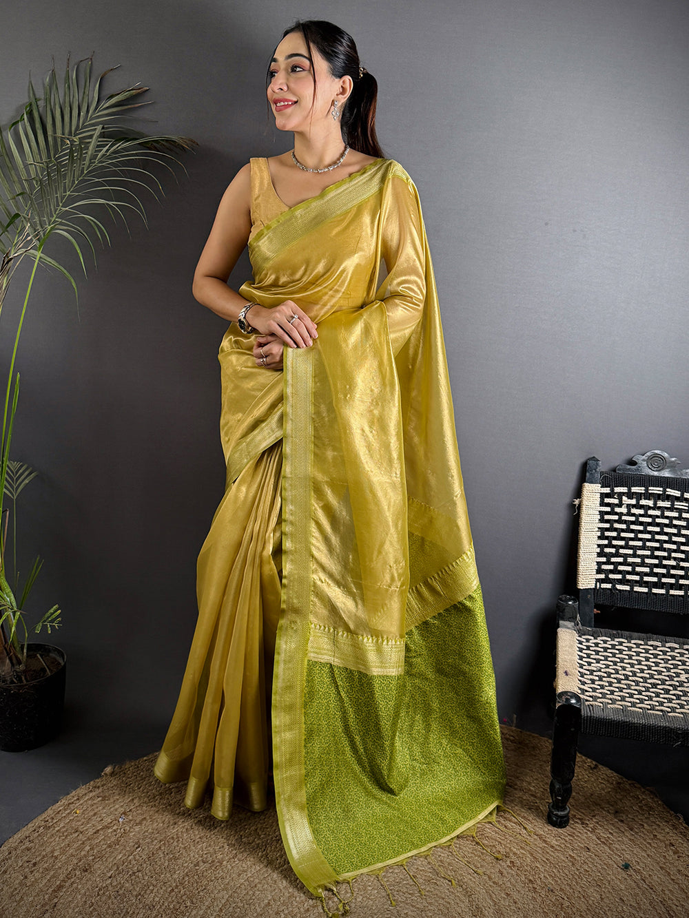 Radiant Green Gold Zari Tissue Saree