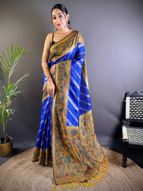 Blue Gold Zari And Kalamkari Print Saree