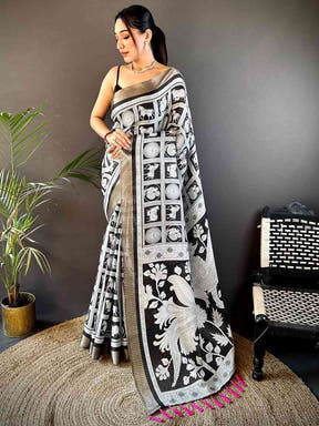 Black Tussar Chex Digital Kalamkari Print Saree