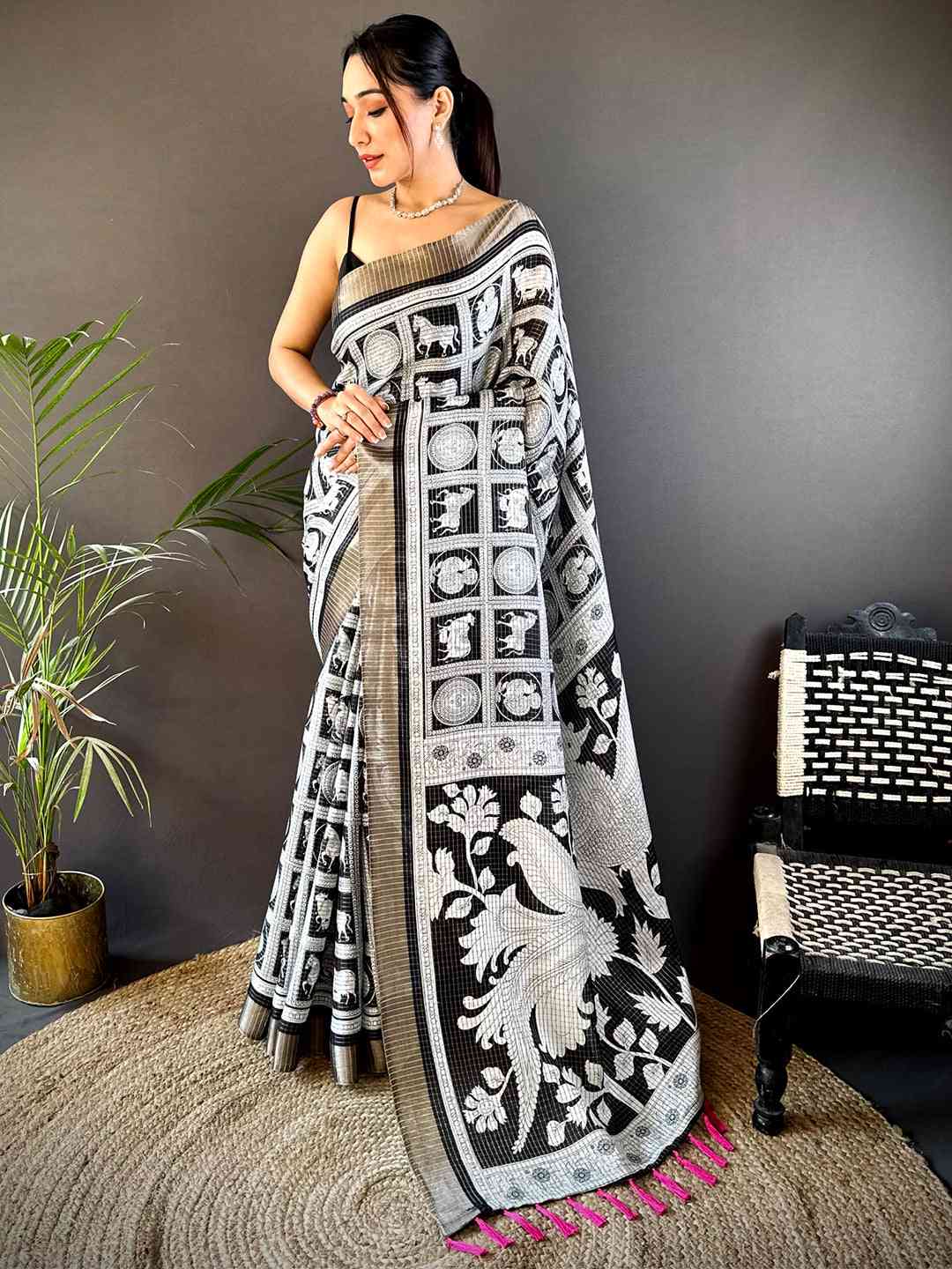Black Tussar Chex Digital Kalamkari Print Saree