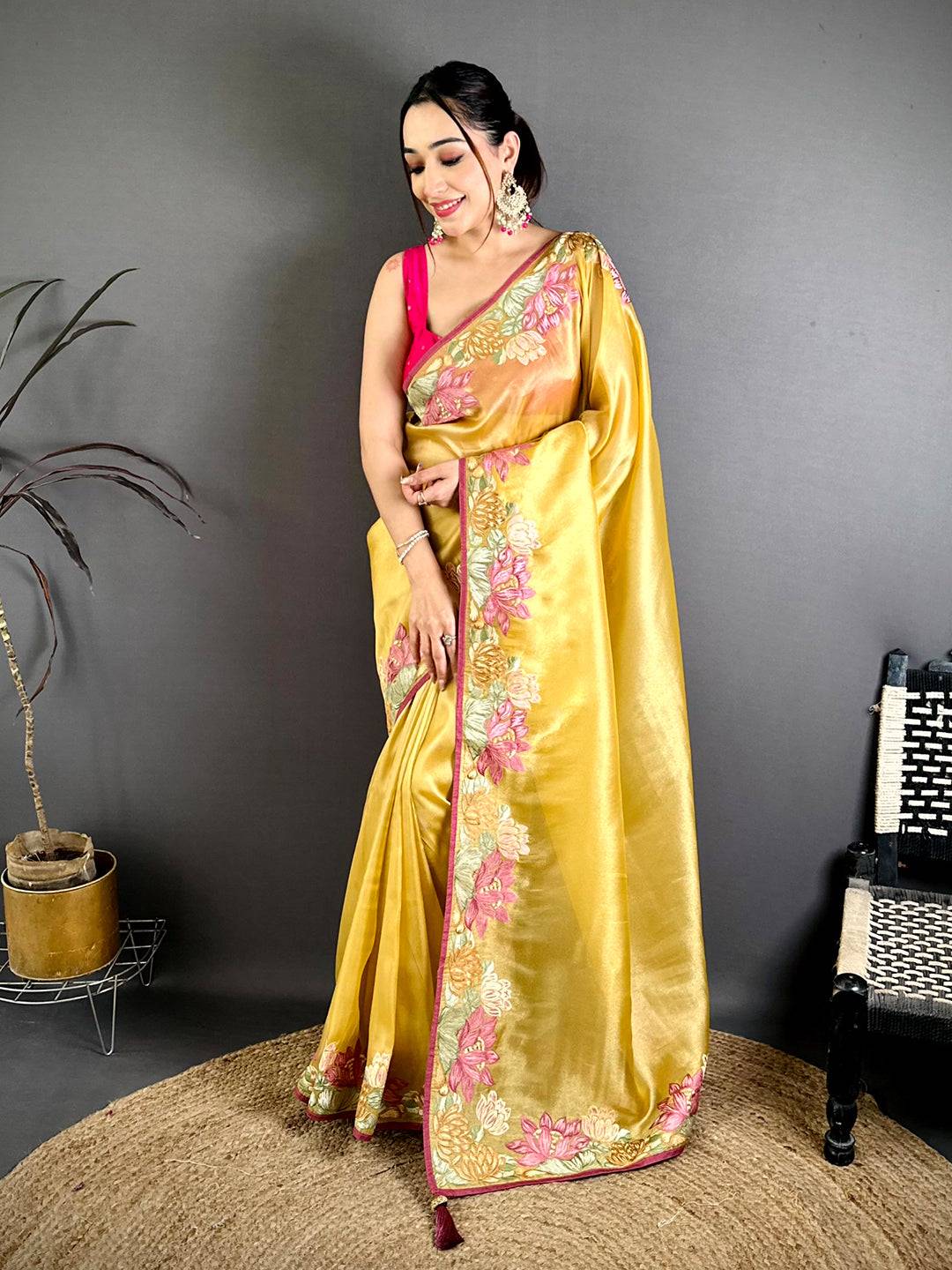 Mustard Silky Tissue Resham Border Saree