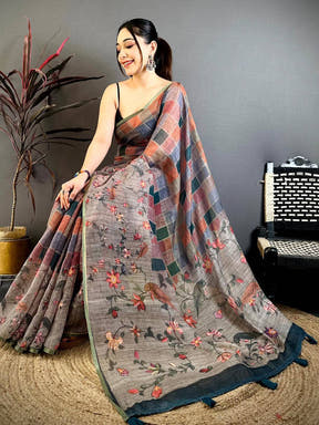 Stylish Multicolor Block Print Linen Saree