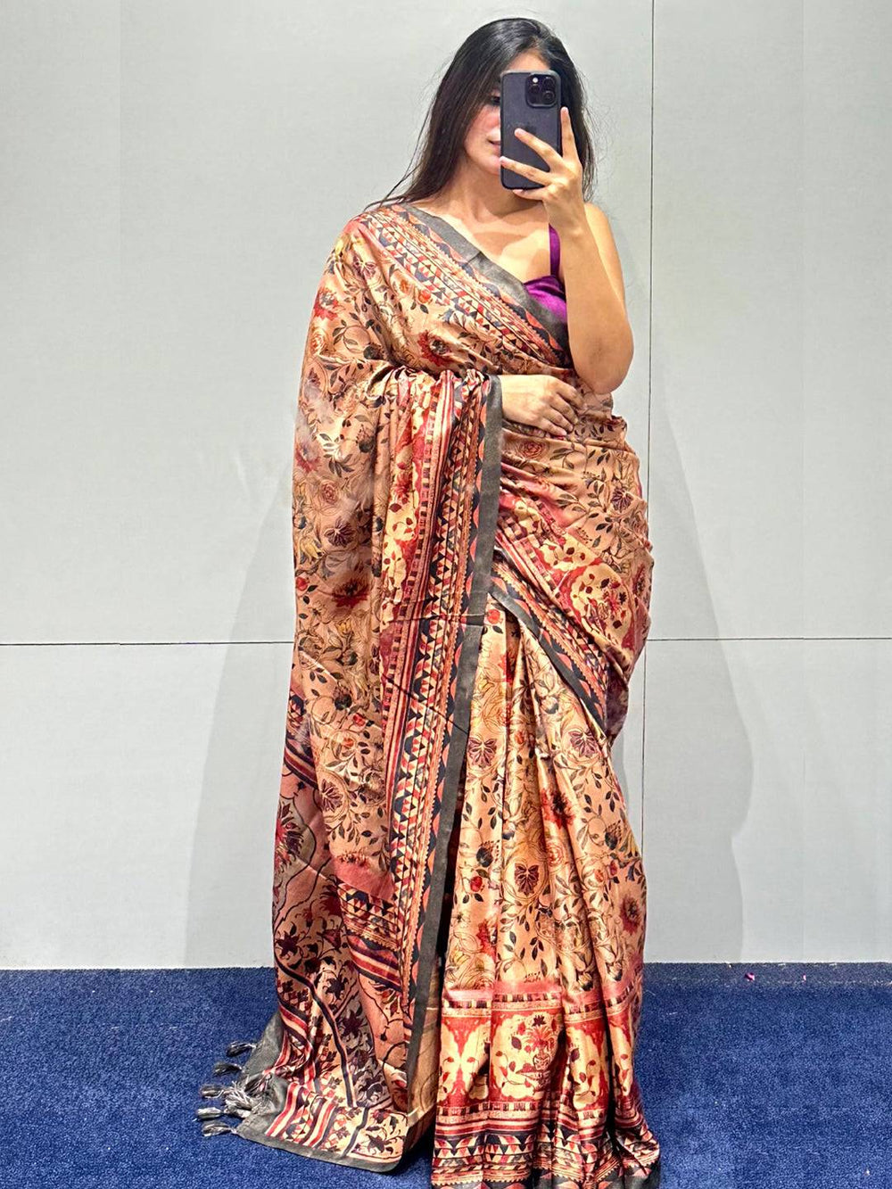 Graceful Peachy Pink Tussar Silk Saree with Rich Floral Design
