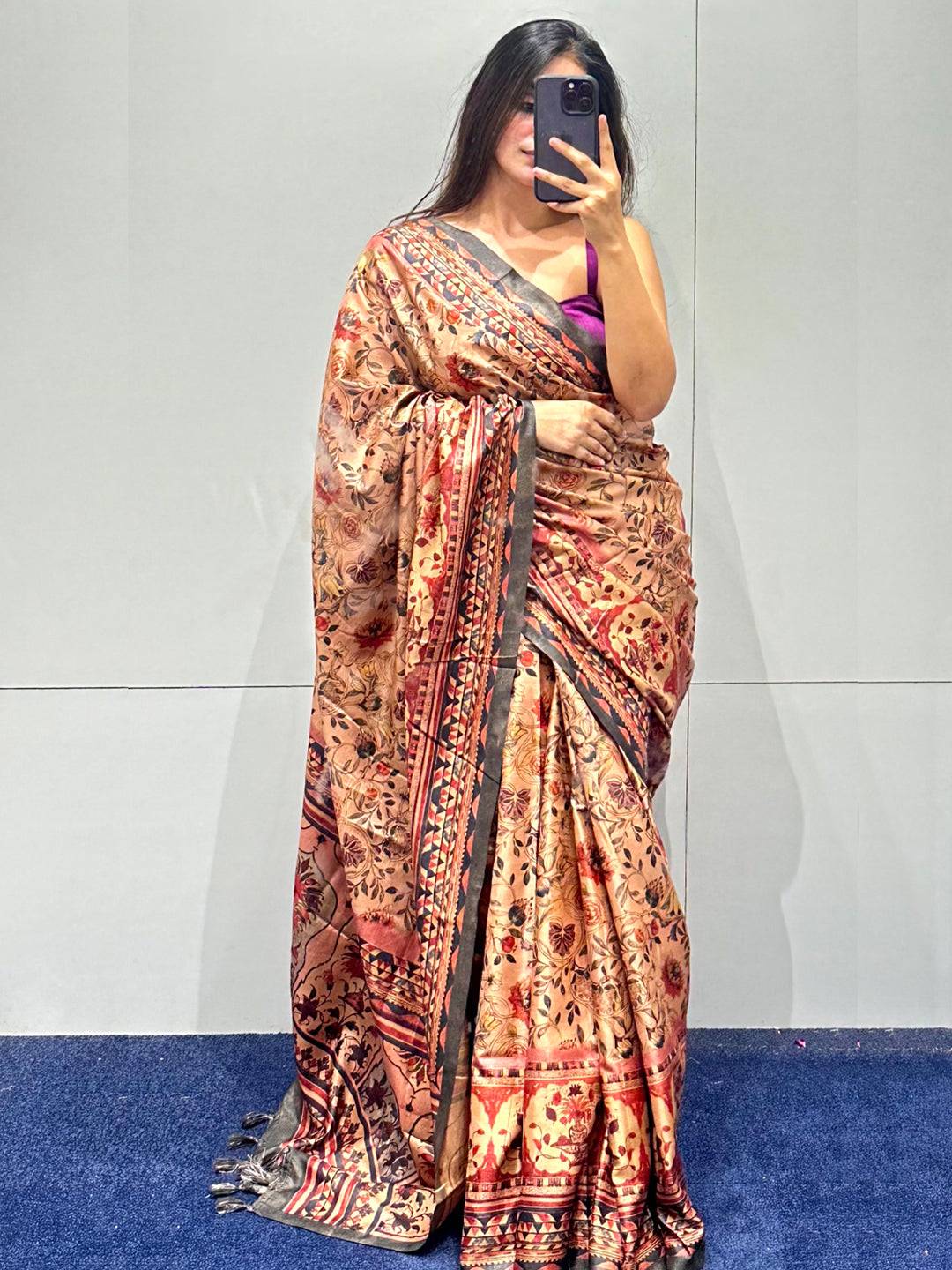 Graceful Peachy Pink Tussar Silk Saree with Rich Floral Design