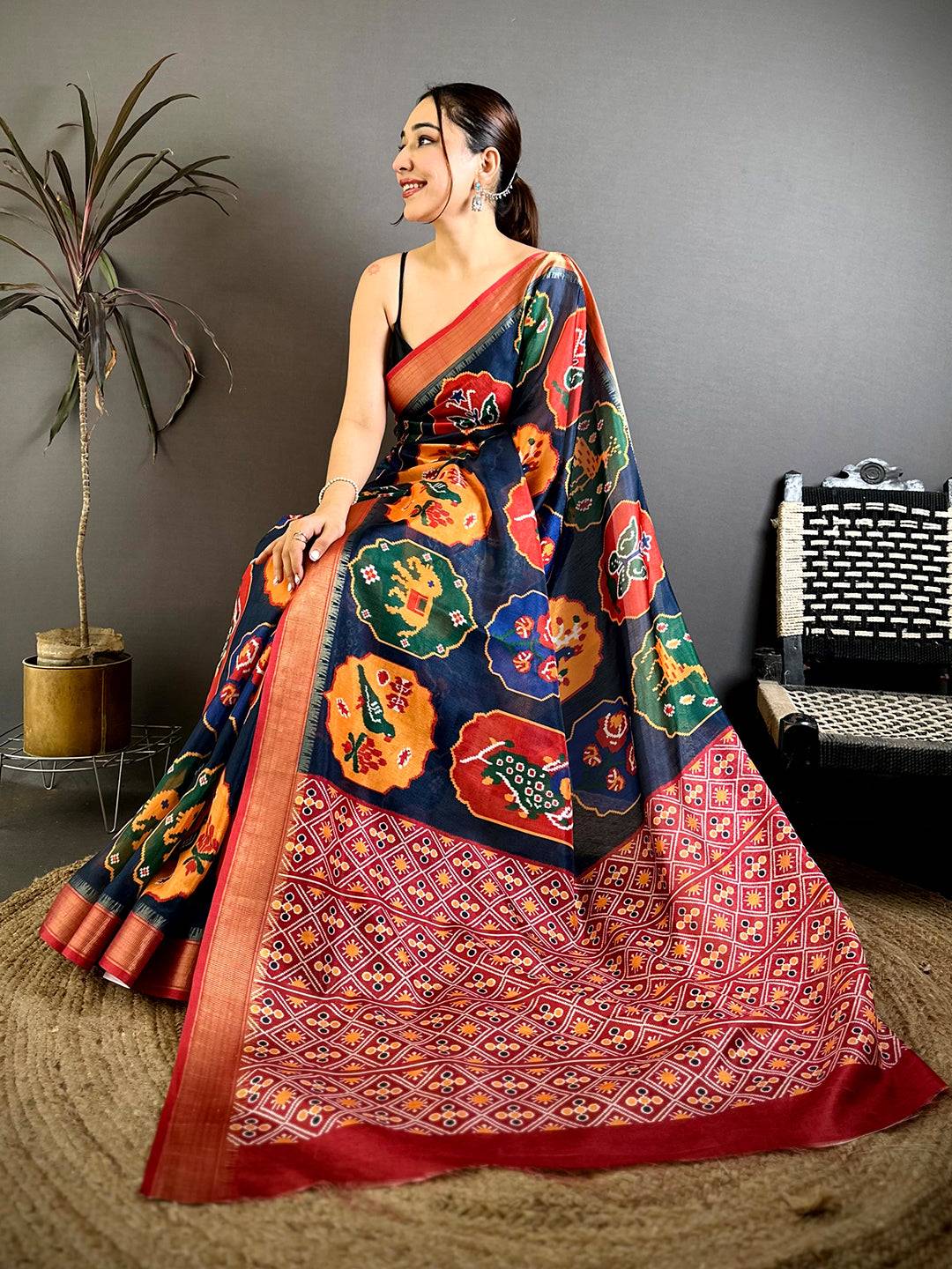 Navy Soft Dola Big Ikkat Minakari Print Saree