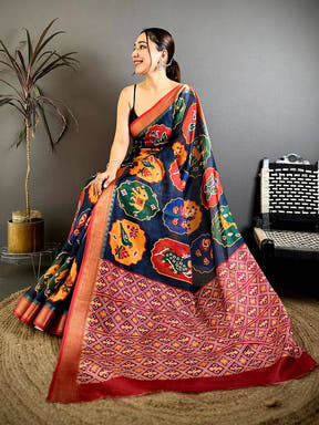 Navy Soft Dola Big Ikkat Minakari Print Saree