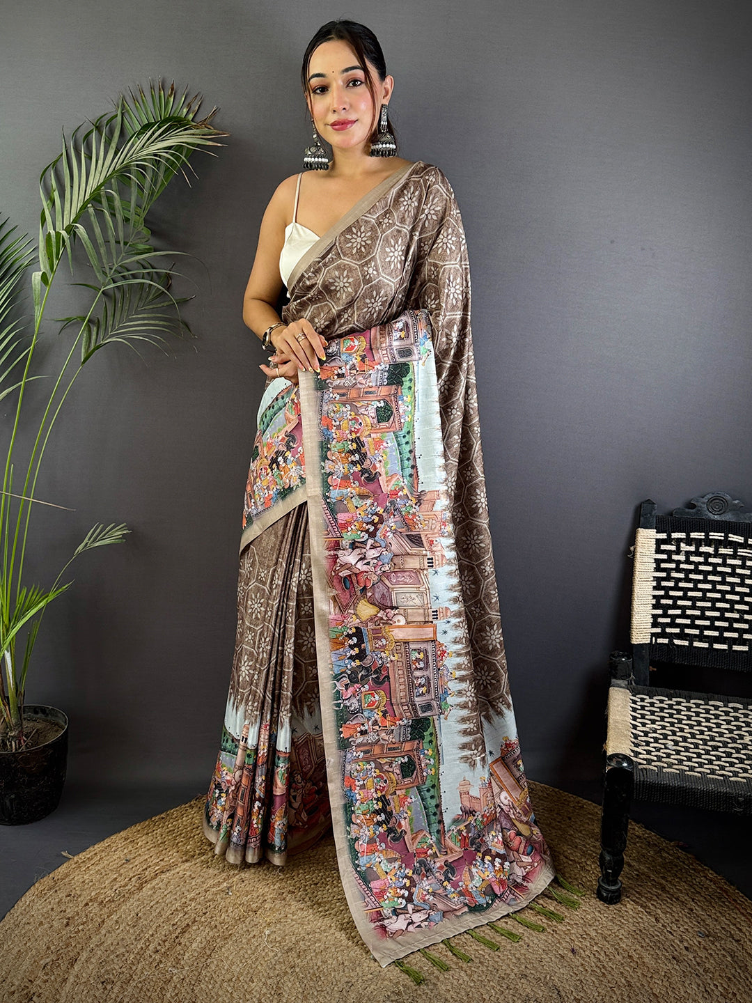 Taupe Kalamkari Digital Printed Saree