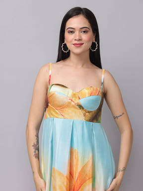 Close-up of sweetheart neckline on floral print dress