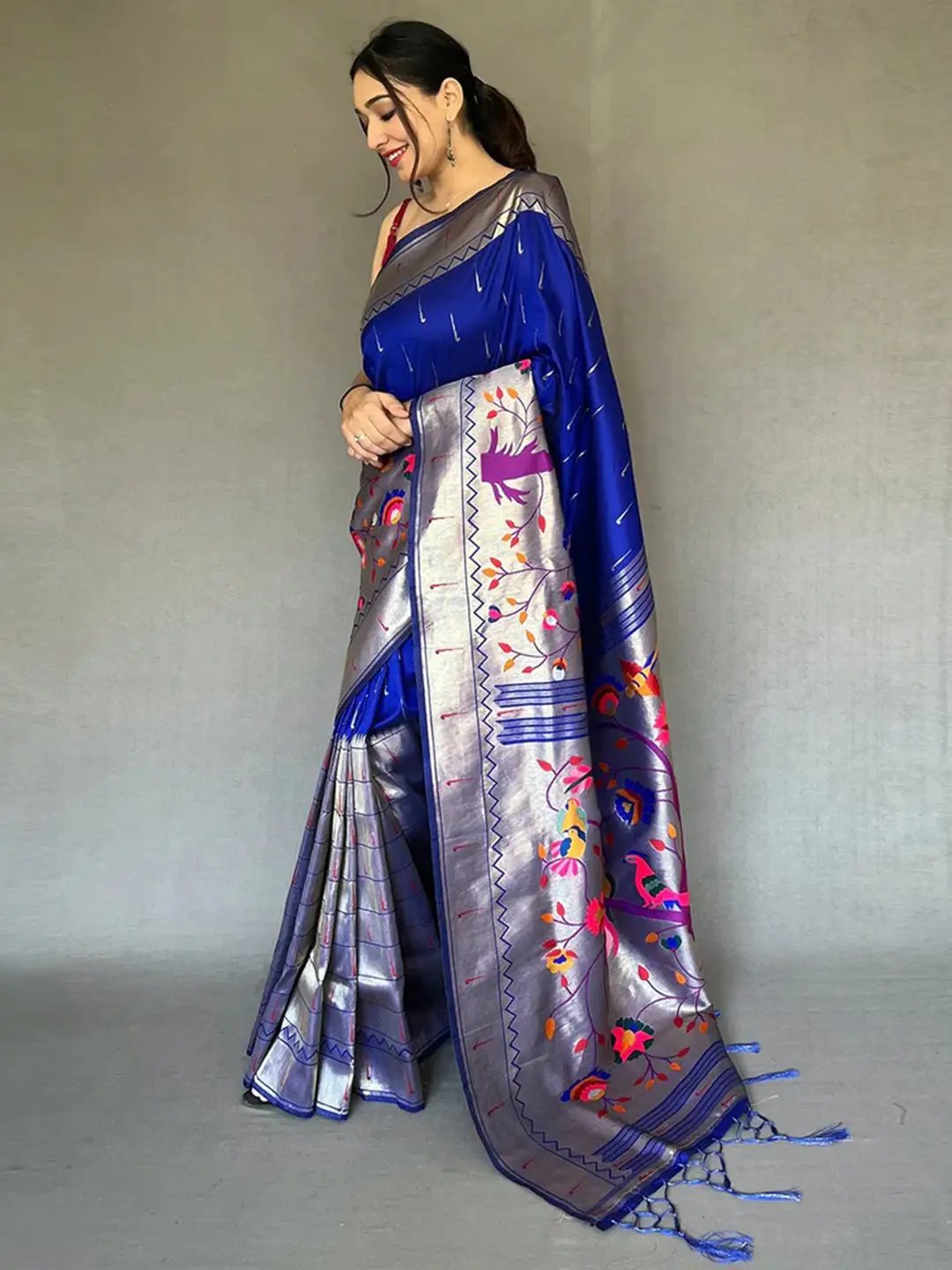 Elegant Paithani saree in royal blue with woven design
