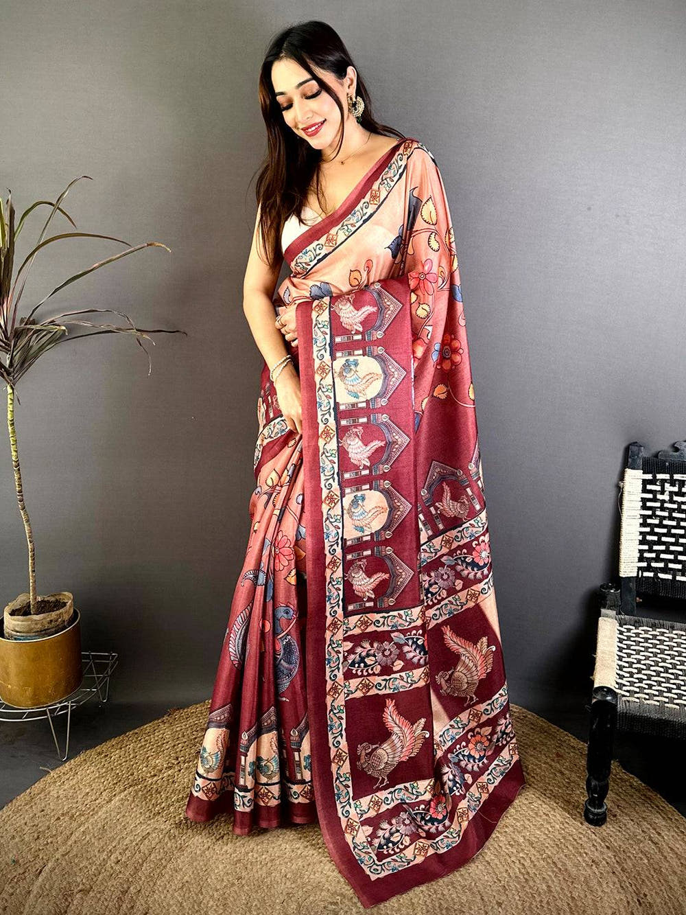 Stylish Tussar Floral Bird Print Saree