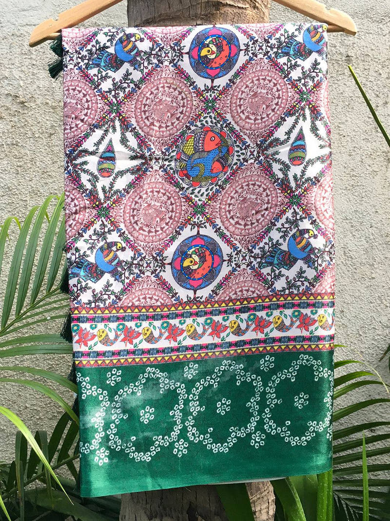 Cream Madhubani digital print saree with vibrant patterns