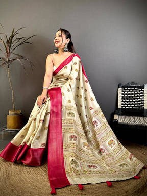Regal Ajrakh Block Kalamkari Dola Saree