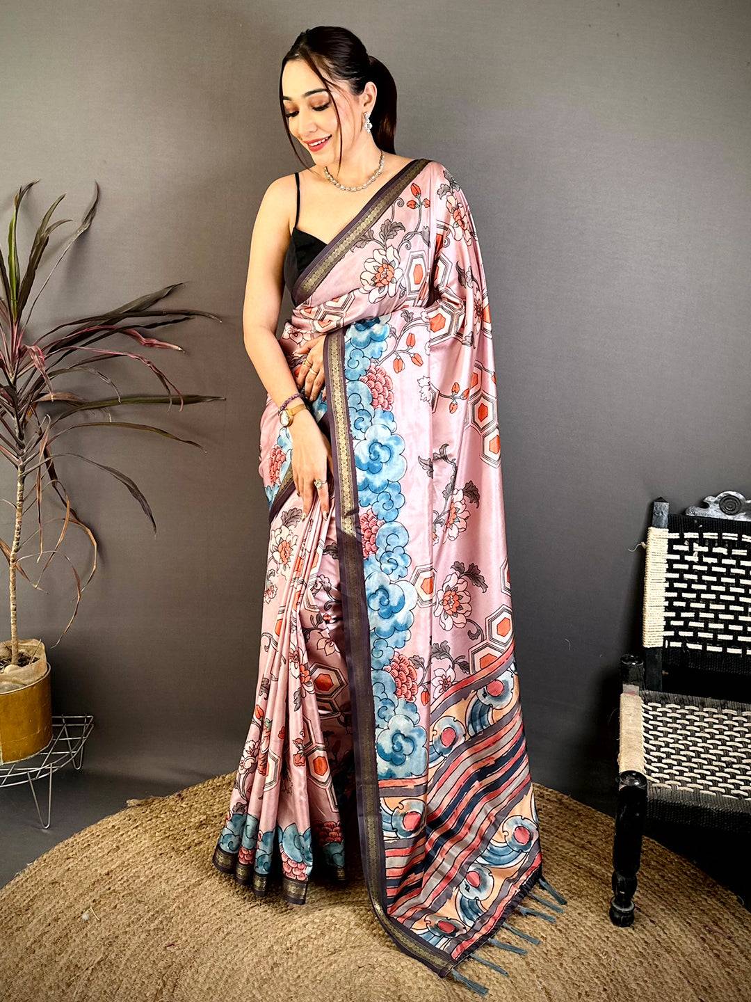 Royal Kalamkari Rudrakh Zari Border Saree