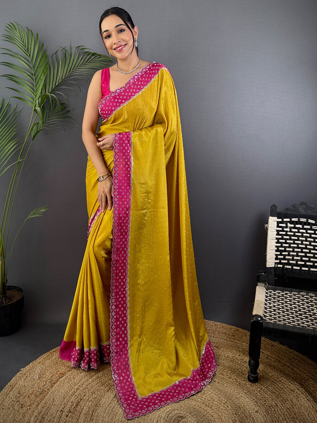Mustard Poly Chiffon Diamond Swaroski Work Saree
