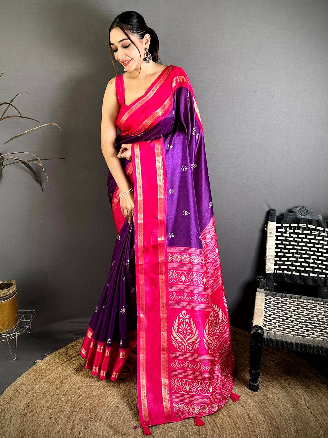 Purple Soft Dola Block Print Pallu Saree