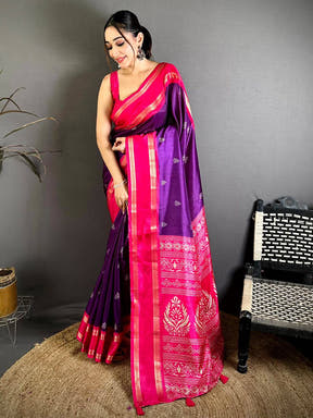 Purple Soft Dola Block Print Pallu Saree