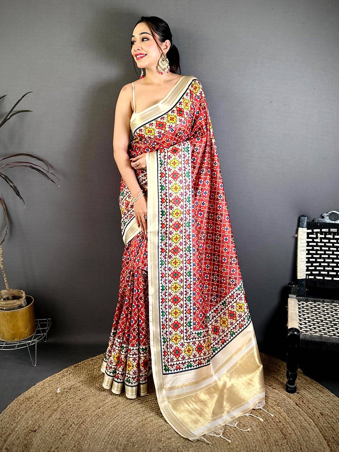 Red Ethnic Digital Ikkat Kanchi Saree