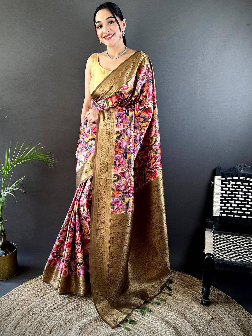 Brown Soft Gadwal Pattu Geometric Saree