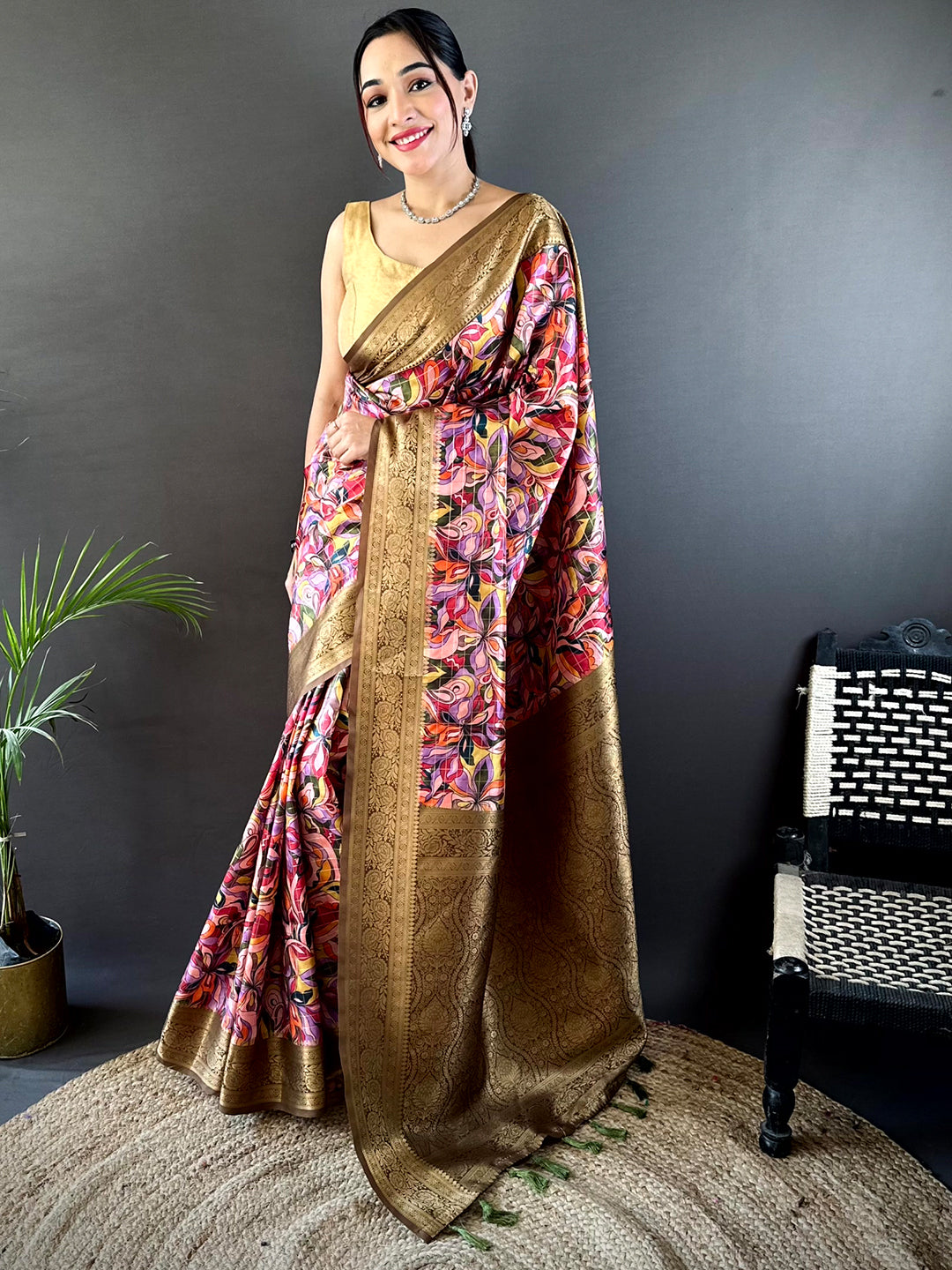 Brown Soft Gadwal Pattu Geometric Saree