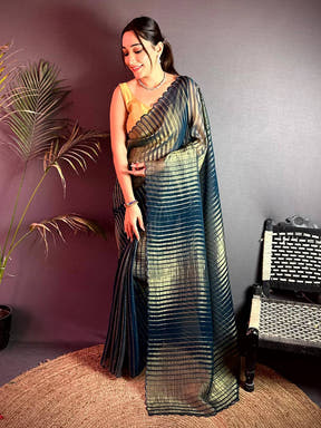Opulent Gold Zari Striped Chiffon Saree