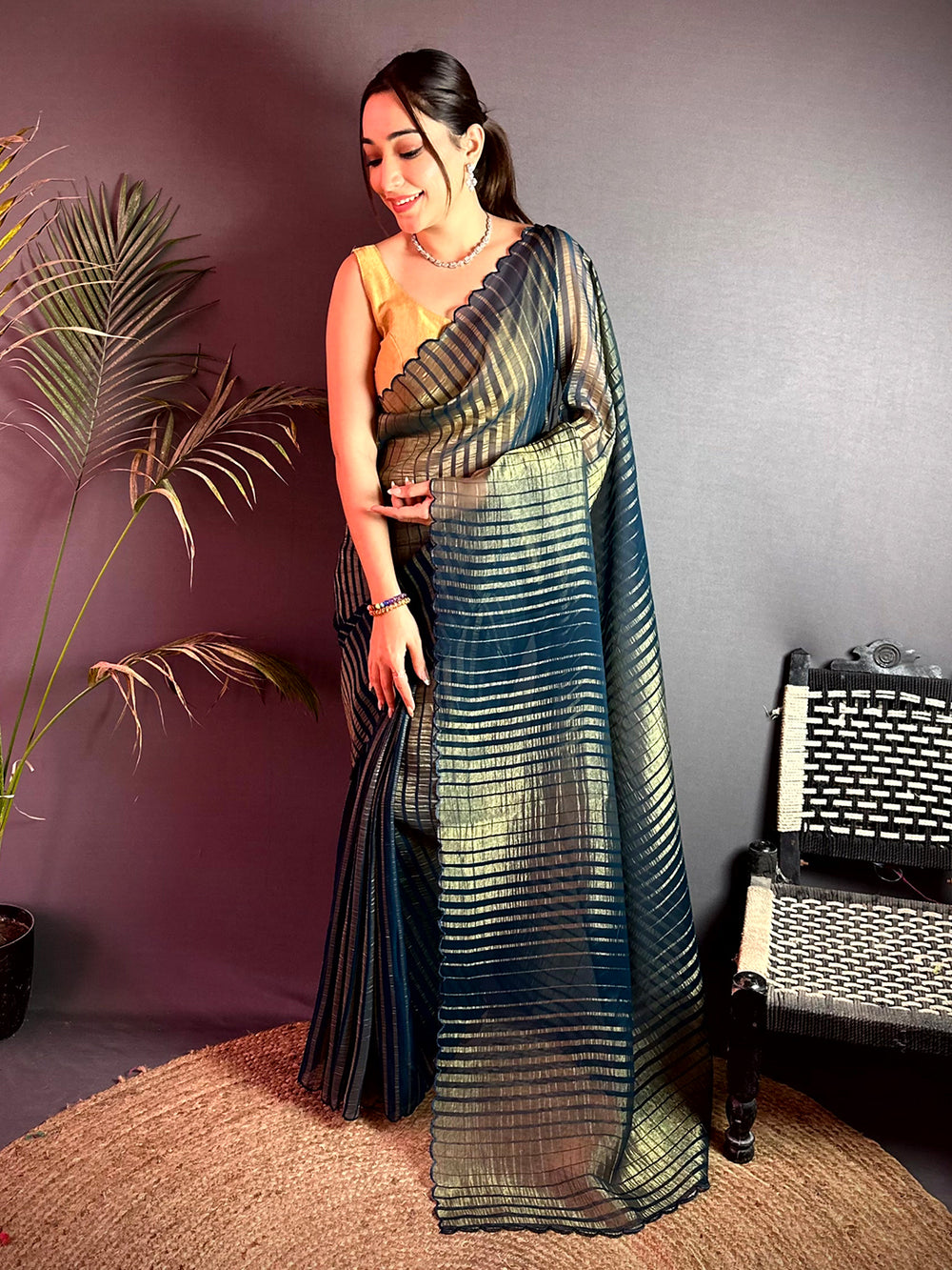 Opulent Gold Zari Striped Chiffon Saree