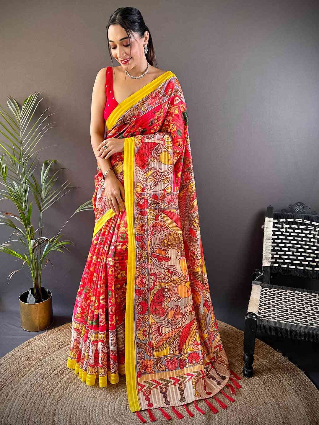 Full view of Rose Red Pen Kalamkari Linen Saree