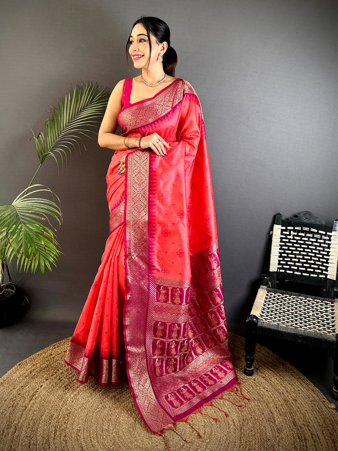 Pink Crystal Raw Silk Kanchi Pattu Saree