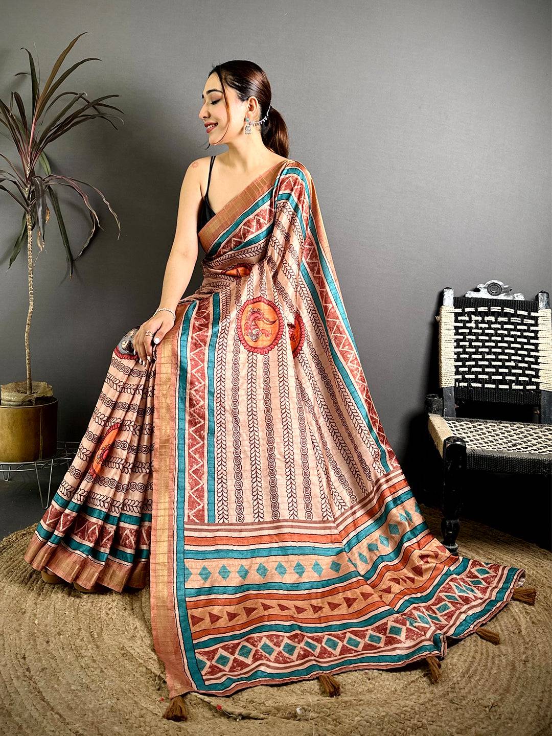 Celebrity Ghicha Tussar Pen Kalamkari Saree