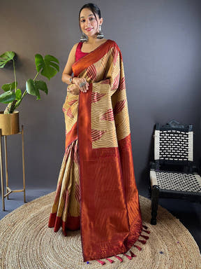 Tan Brown Tussar Silk Zari Weaving Ikkat Saree

