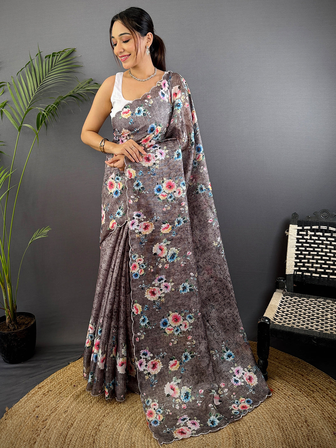 Charcoal Brown Kota Floral Digital Cut Work Saree