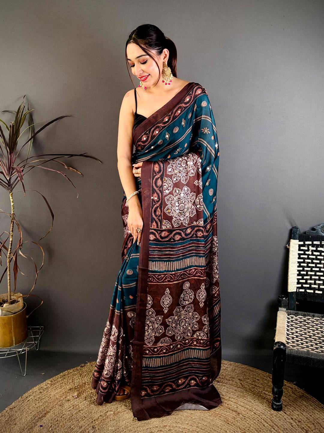 Dark Rama Soft Georgette Printed Saree