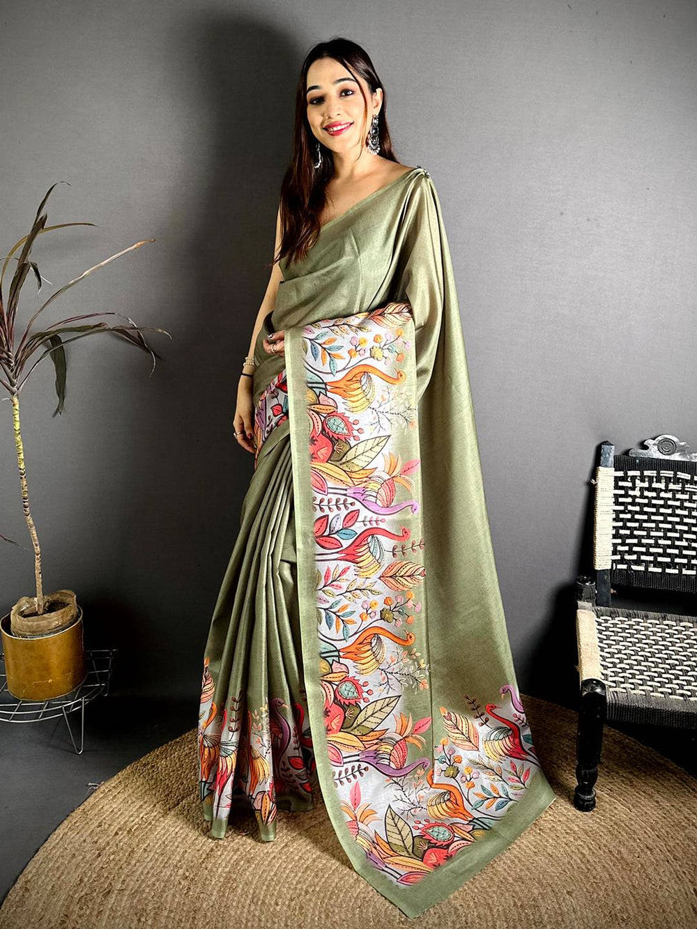 Green Flamingo Border Tussar Saree