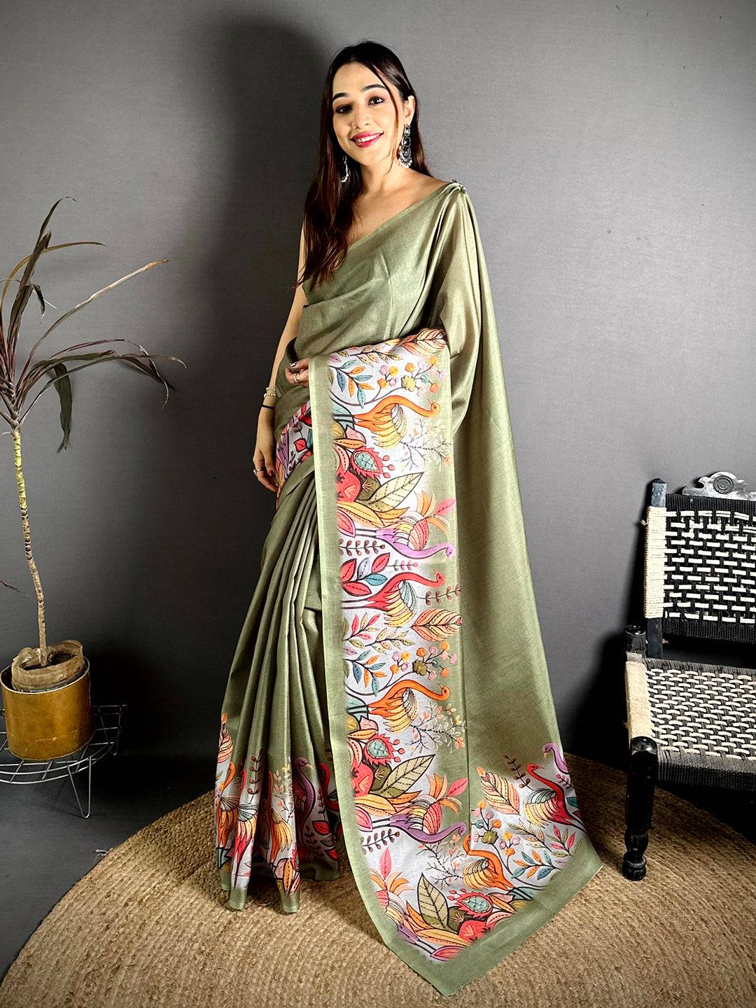 Green Flamingo Border Tussar Saree
