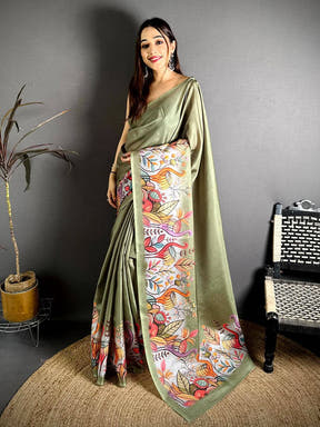 Green Flamingo Border Tussar Saree