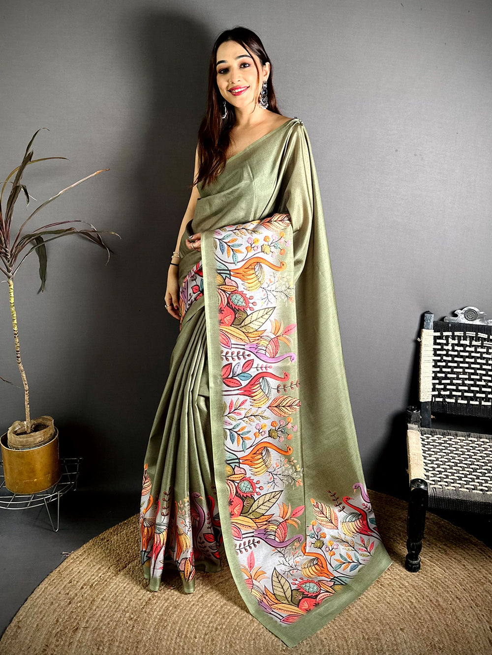Green Flamingo Border Tussar Saree