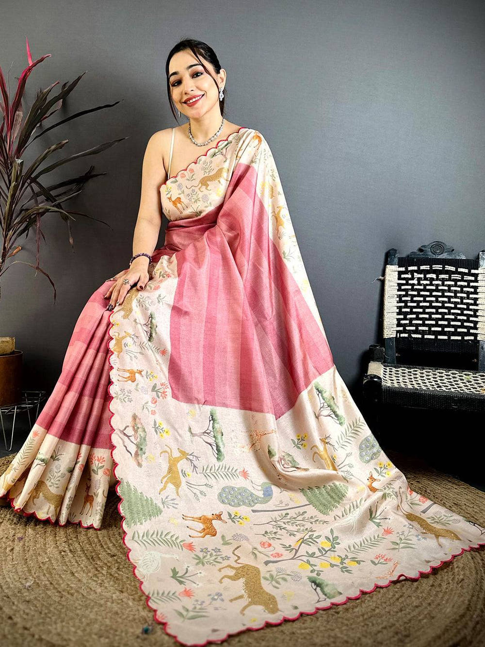 Classic Pink Tussar Thread Cut Work Saree
