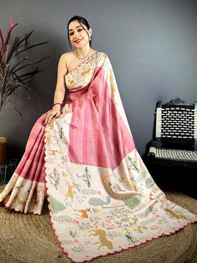 Classic Pink Tussar Thread Cut Work Saree