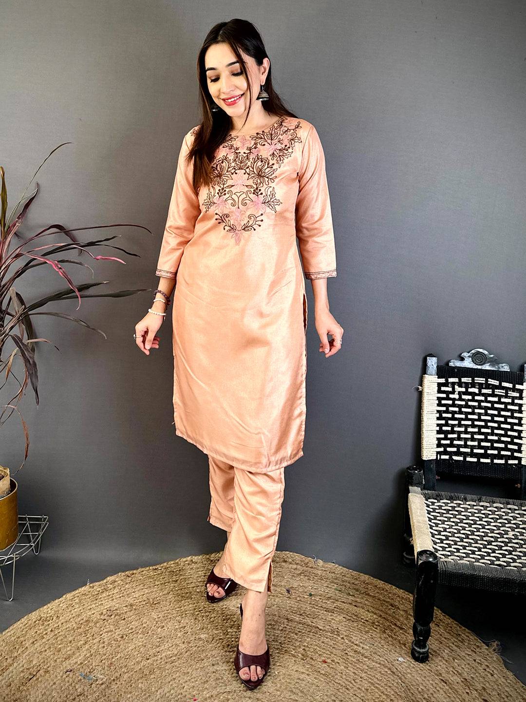 Classic Round Neck Ari Work Cotton Kurti