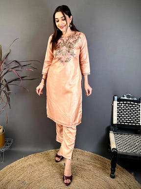 Classic Round Neck Ari Work Cotton Kurti