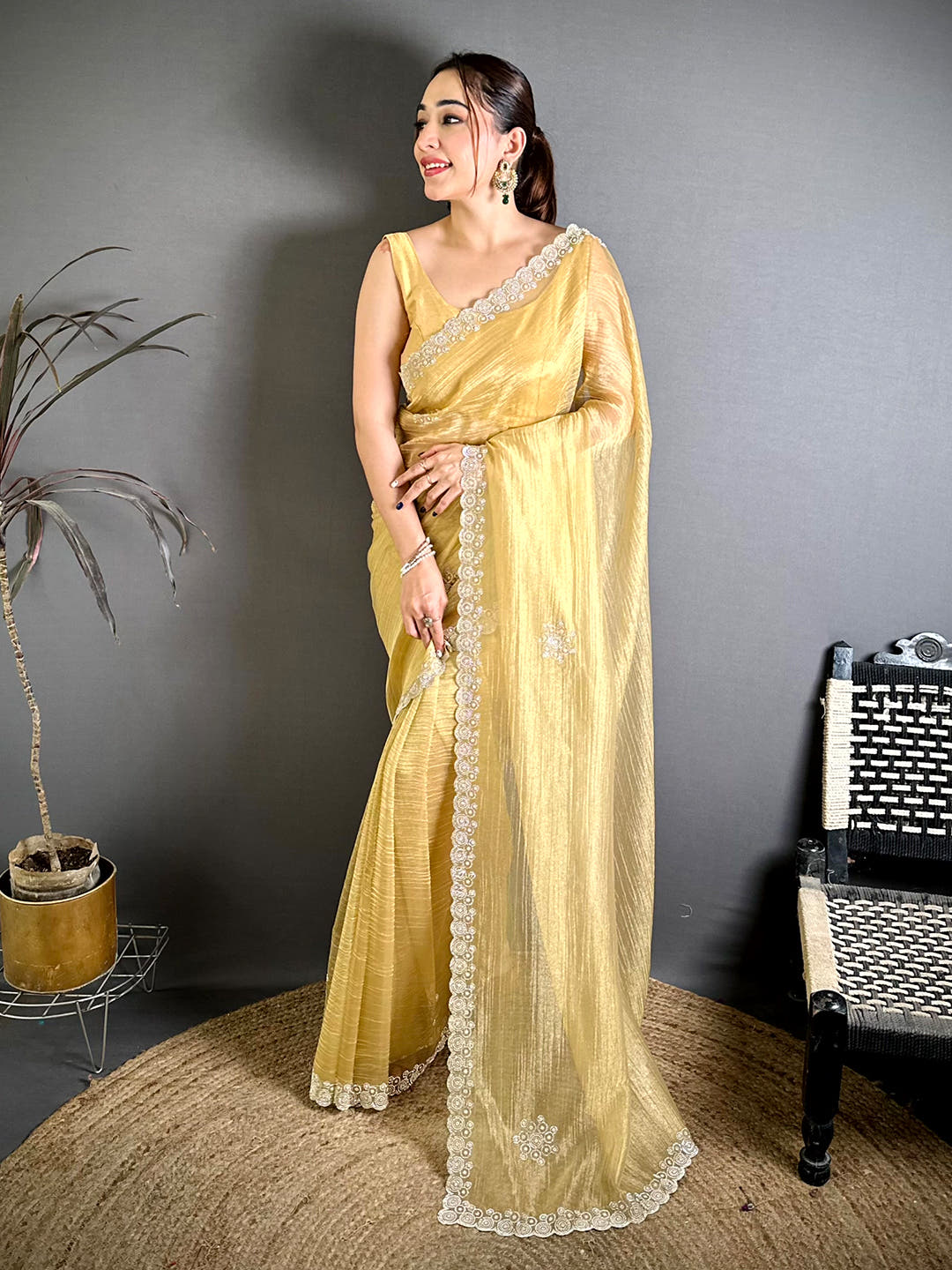 Stylish Silver Diamond Cutwork Tissue Saree