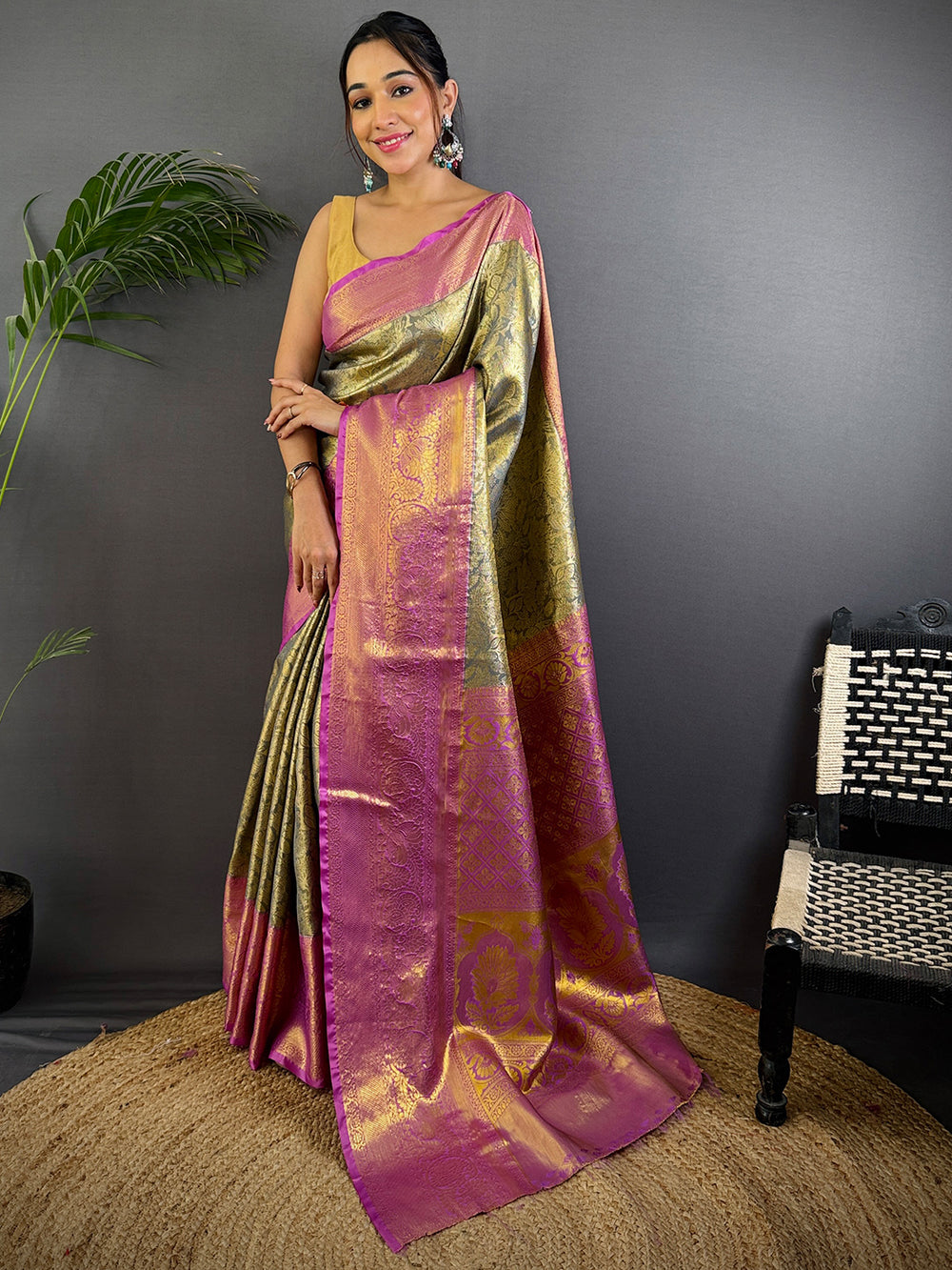 Grey Golden Threadwork Dharmavaram Saree
